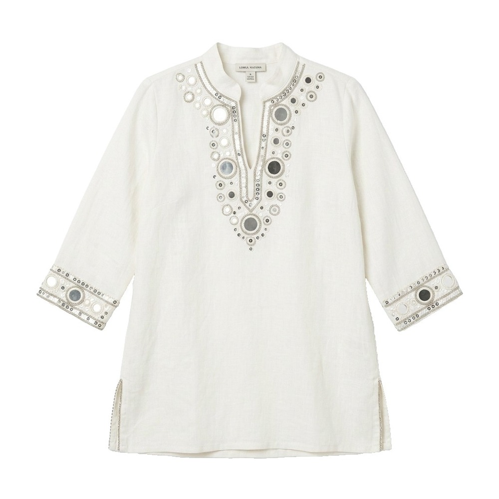 Chicos Size 2 Quiet Luxury Linen Tunic Top Women Large Boho Coastal Resortcore